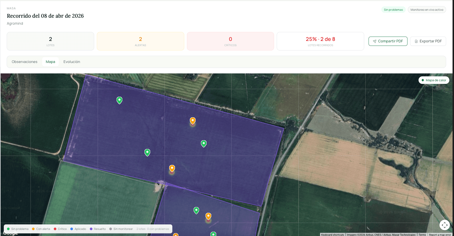 Vista web de mapa de recorrida en ScoutField