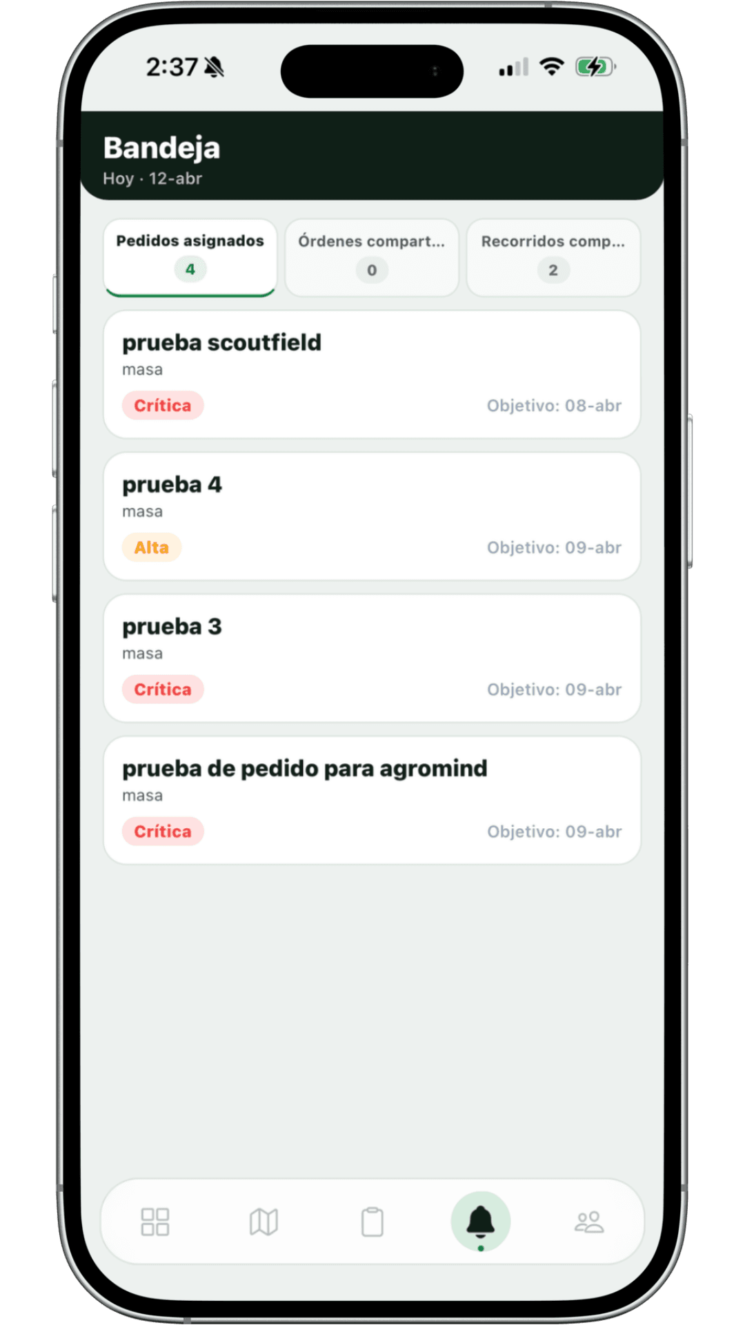 Vista de bandeja de comunicación en la app móvil de ScoutField