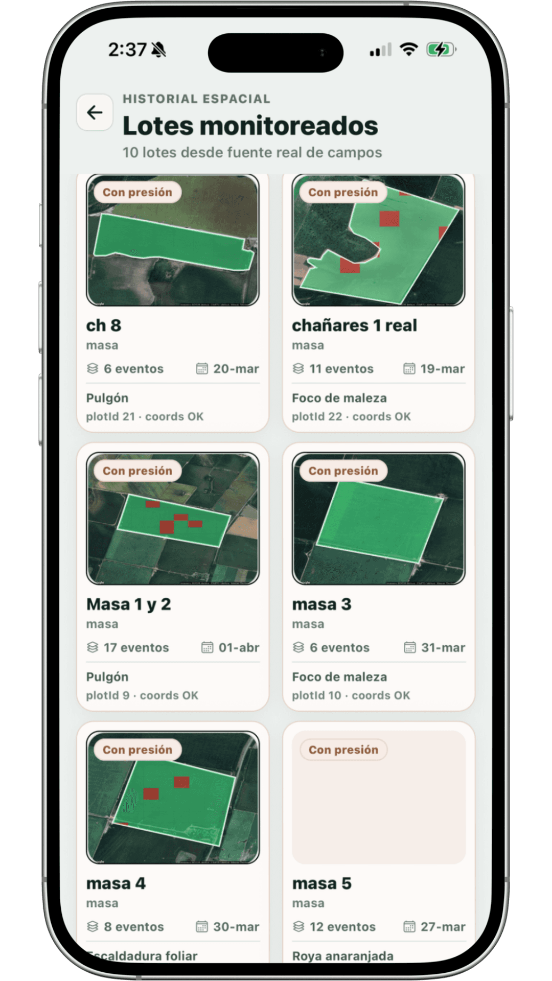Vista de historial de lote en la app móvil de ScoutField