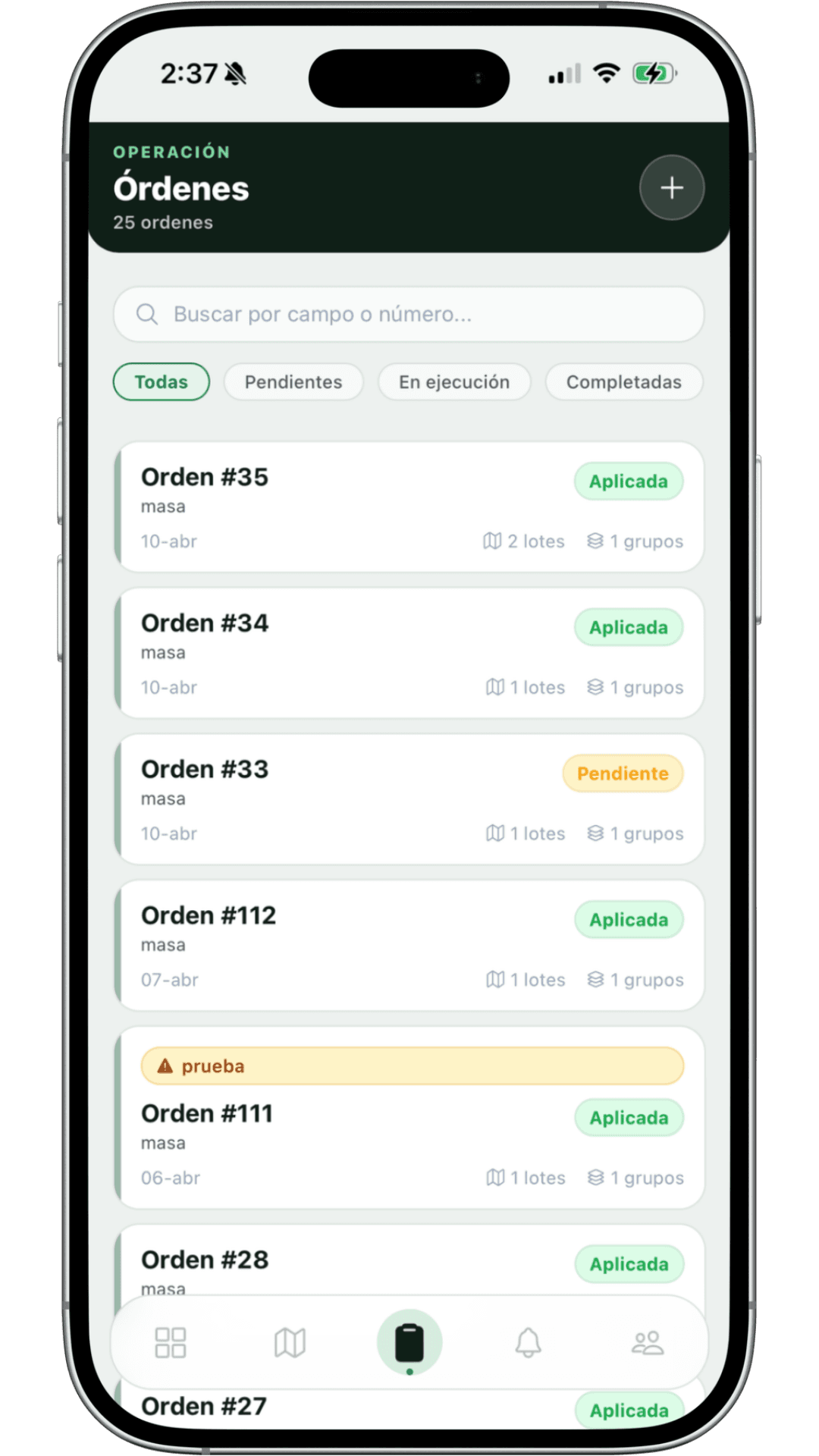 Vista de órdenes de trabajo en la app móvil de ScoutField